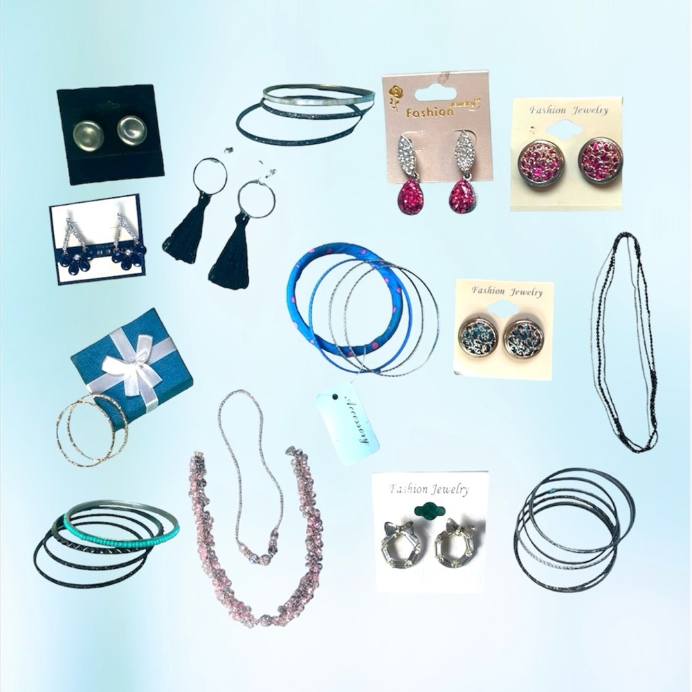 Jewelry Collection: 8 Earrings, 4 Bracelets Sets (16 bungles), and 3 Necklaces